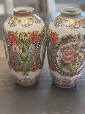 Vintage Ornate Porcelain Vase Set – Hand-Painted Floral w/ Gold Gilding